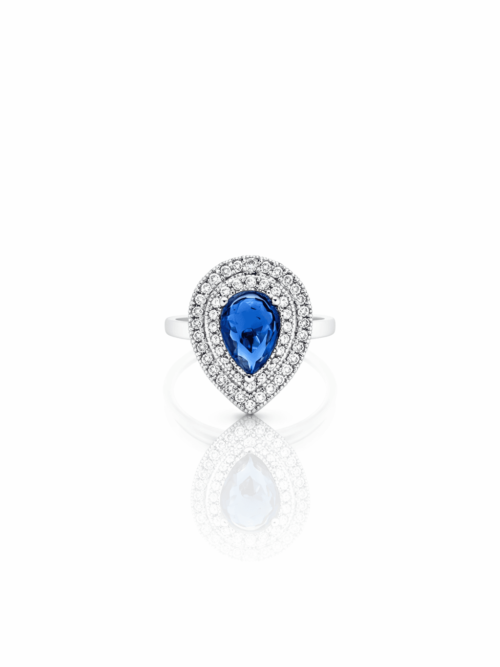 Sterling Silver Royal Blue Pear Cut Ring with Double Halo