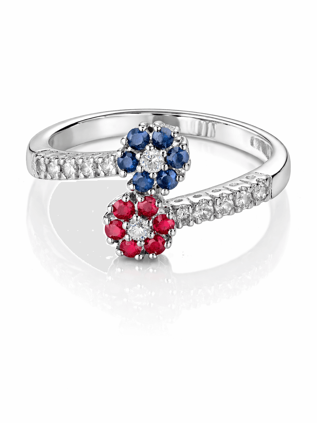 Silver Double Flower Ring Ruby & Sapphire Stones