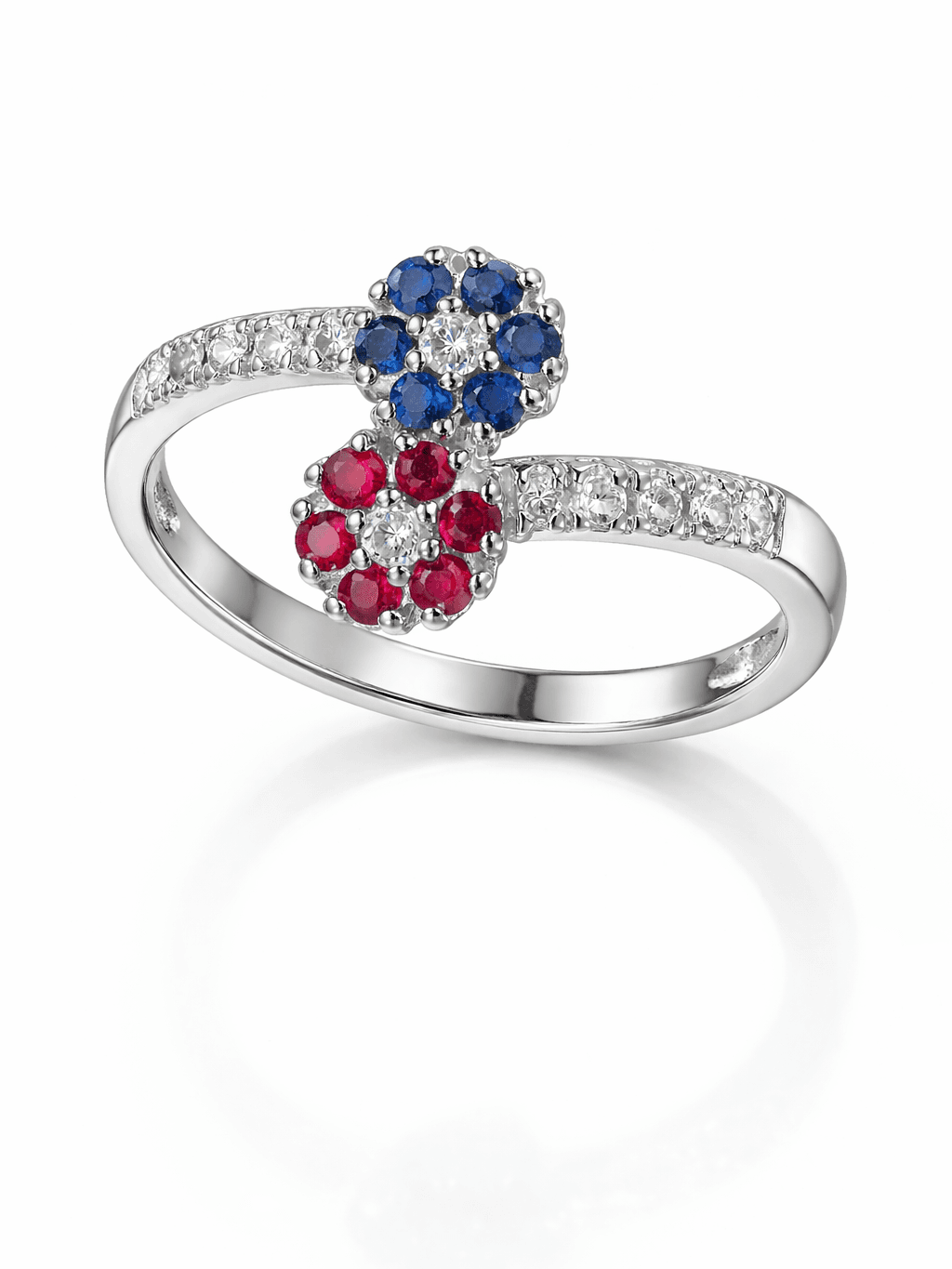 Silver Double Flower Ring Ruby & Sapphire Stones