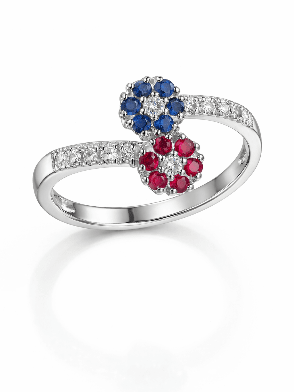Silver Double Flower Ring Ruby & Sapphire Stones
