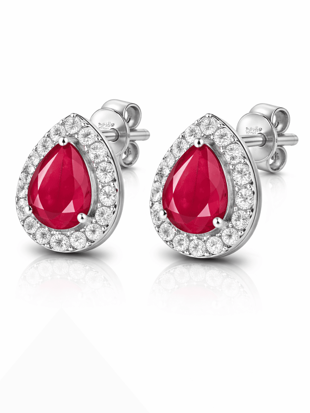 Ruby Red Pear Cut Halo Studs Teardrop Design