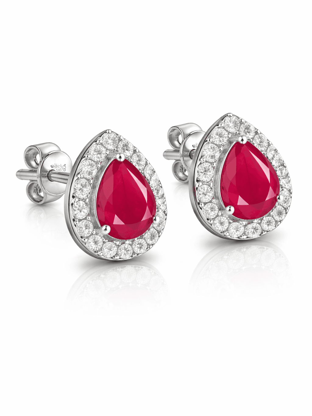 Ruby Red Pear Cut Halo Studs Teardrop Design