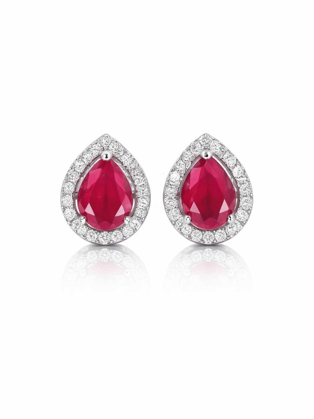 Ruby Red Pear Cut Halo Studs Teardrop Design