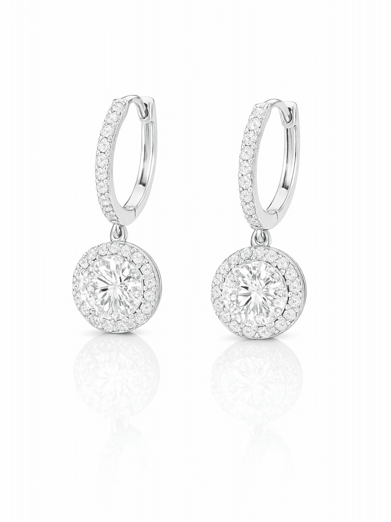Classic Round Halo Drop Pave Hoop Earrings
