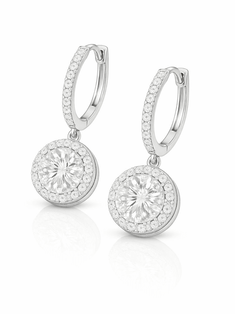 Classic Round Halo Drop Pave Hoop Earrings
