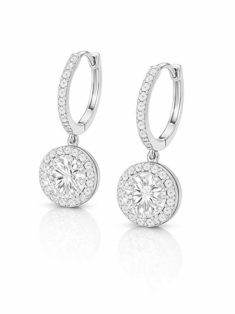 Classic Round Halo Drop Pave Hoop Earrings