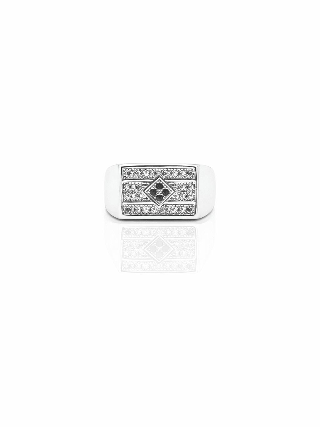 Modern Rectangular Silver Signet Ring with Geometric Zircon Design