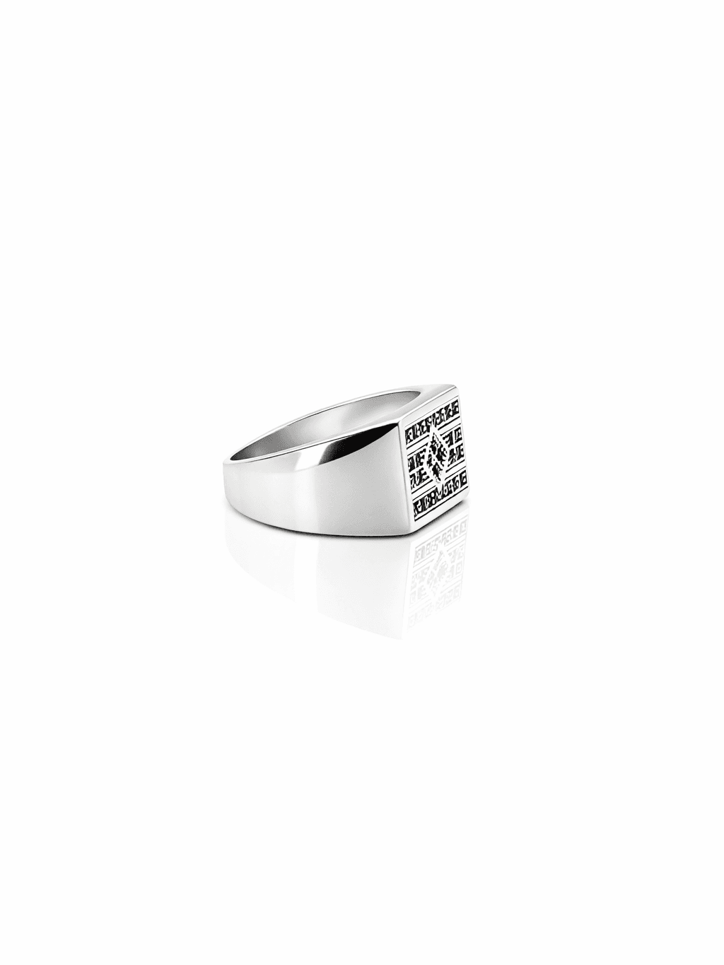 Modern Rectangular Silver Signet Ring with Geometric Zircon Design