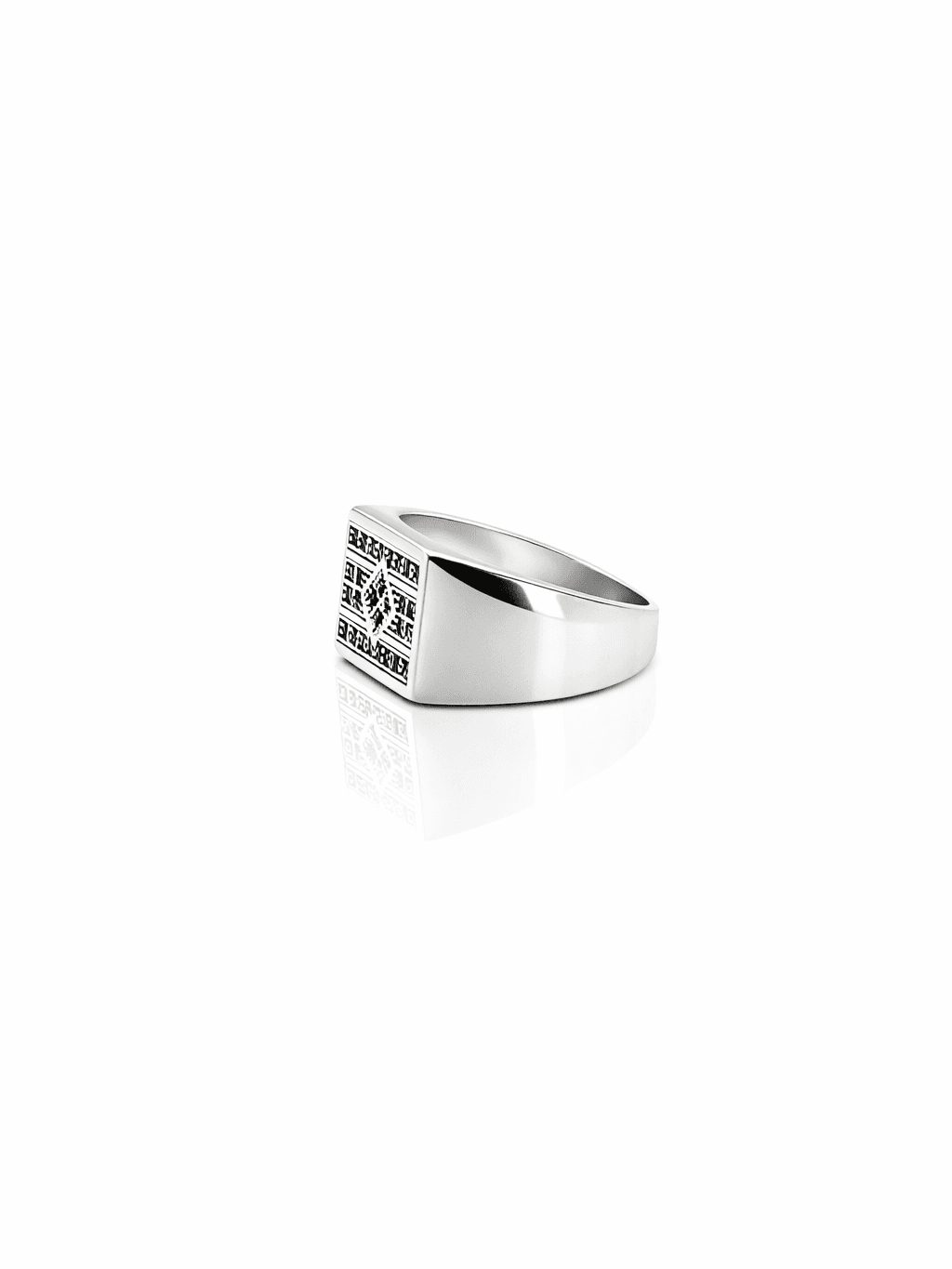 Modern Rectangular Silver Signet Ring with Geometric Zircon Design