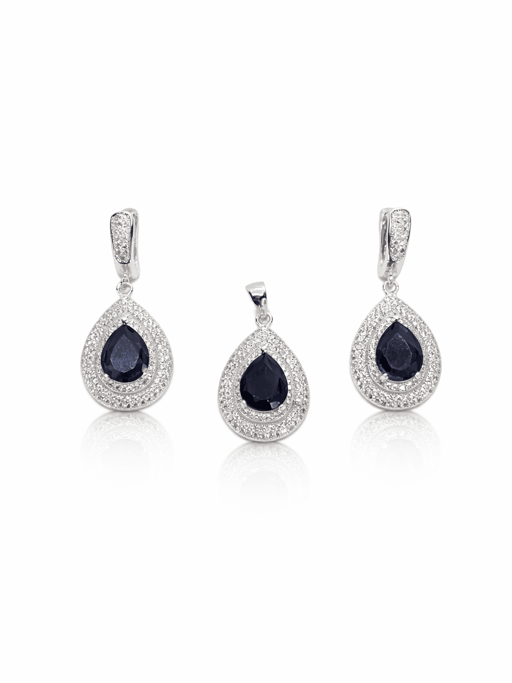 Elegant Sterling Silver Royal Blue Teardrop Pendant Set with Halo