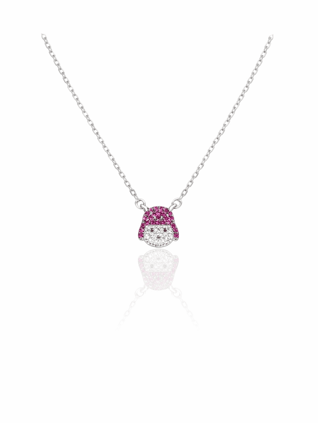 Silver Baby Girl Doll Pendant Necklace with Pink Zircons for Kids