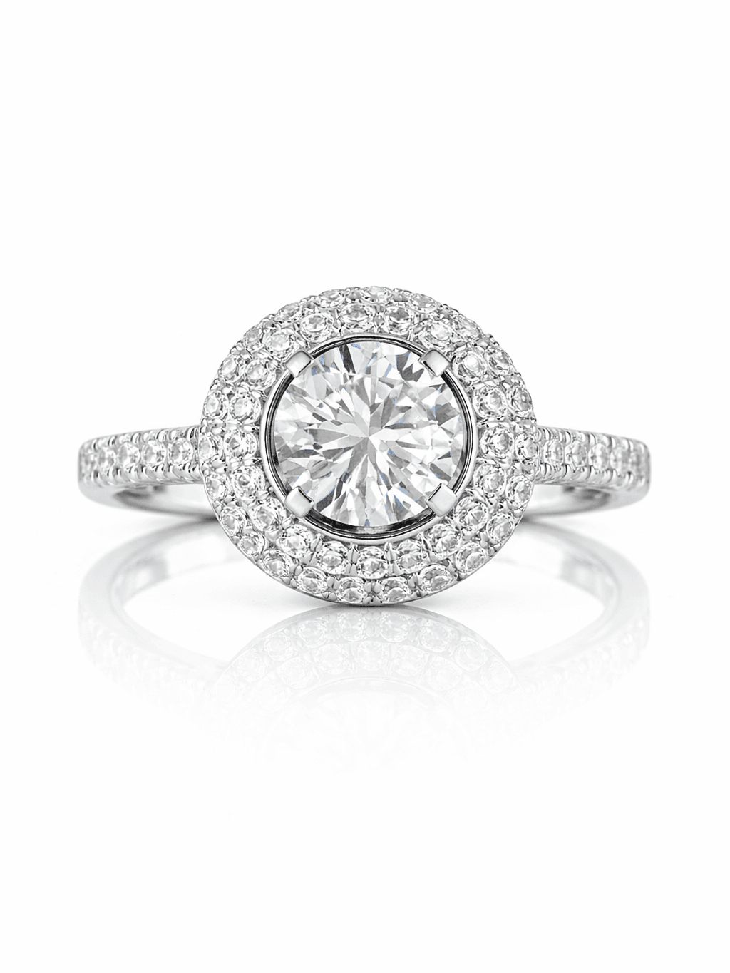 Sterling Silver Round Halo Engagement Ring Pave Band