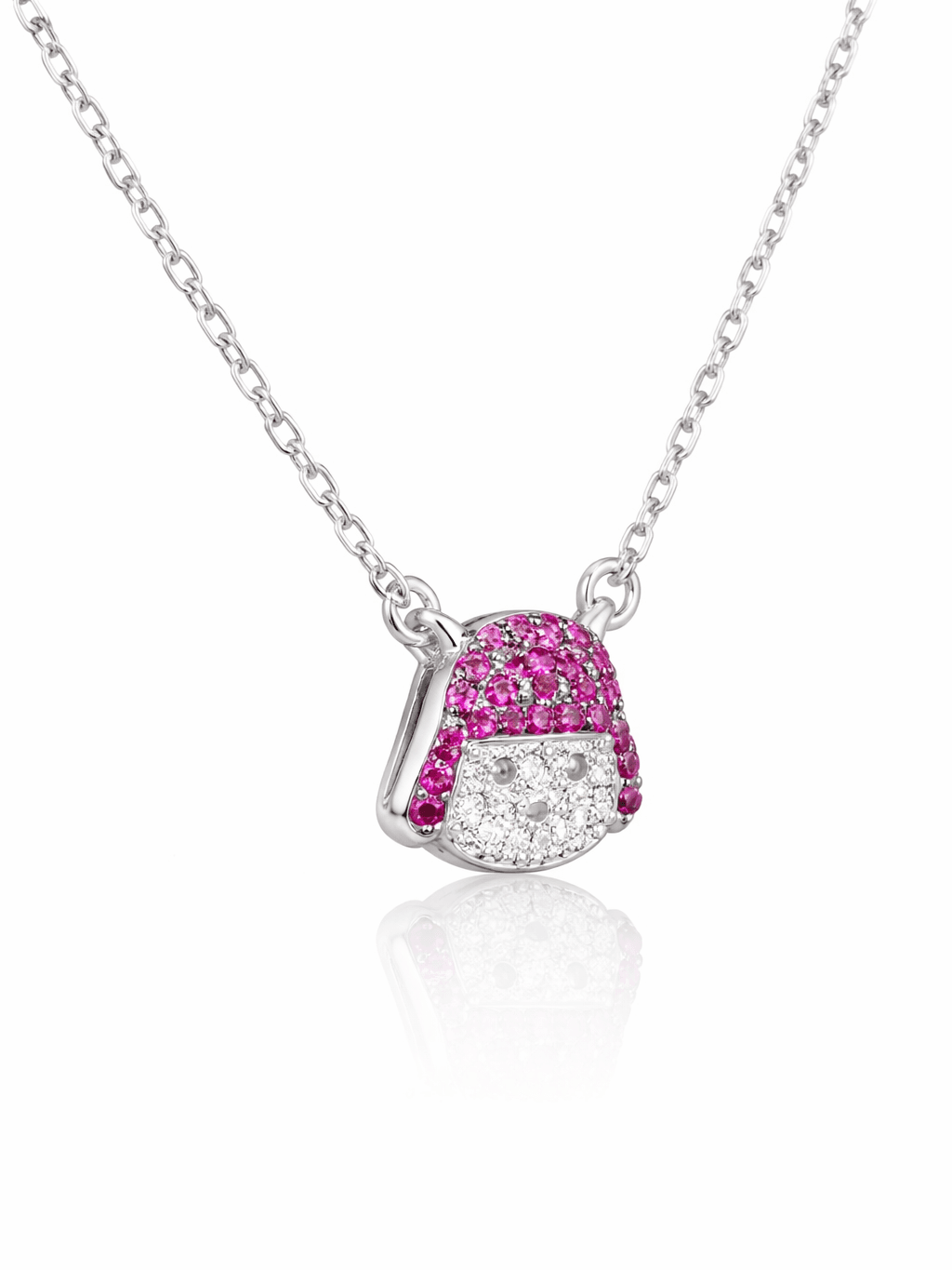 Silver Baby Girl Doll Pendant Necklace with Pink Zircons for Kids
